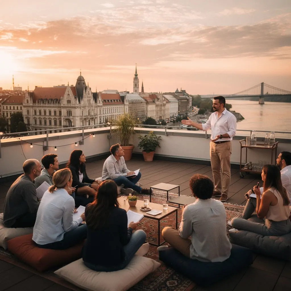 Egy csoportos coaching ülés, ahol a résztvevők megosztják céljaikat és tapasztalataikat.