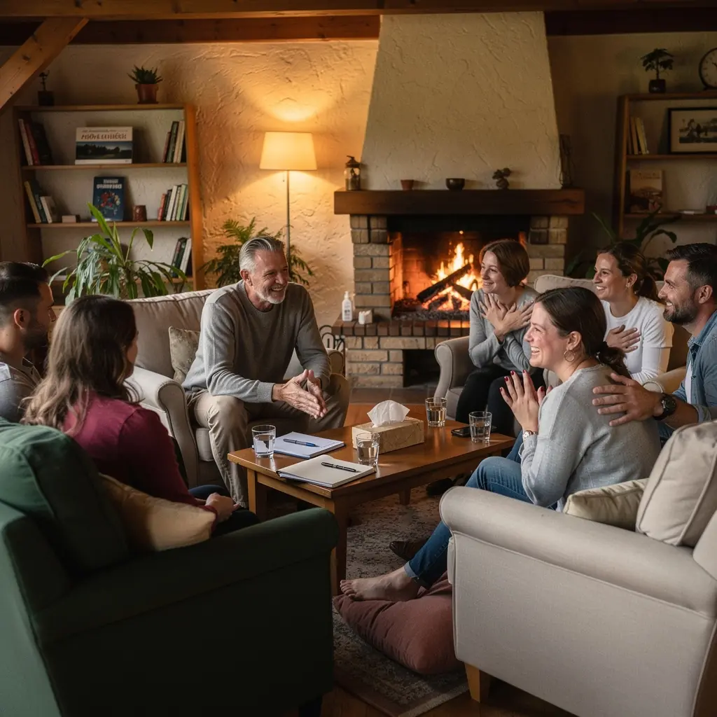 Személyes fejlődési tréning során résztvevők együttműködnek egy életvezetési tanácsadóval.